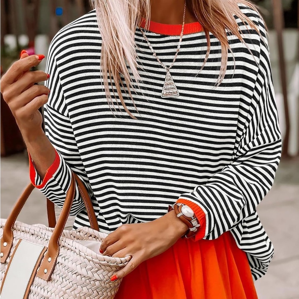Stylish Striped Crewneck Sweater - Black, White, and Red